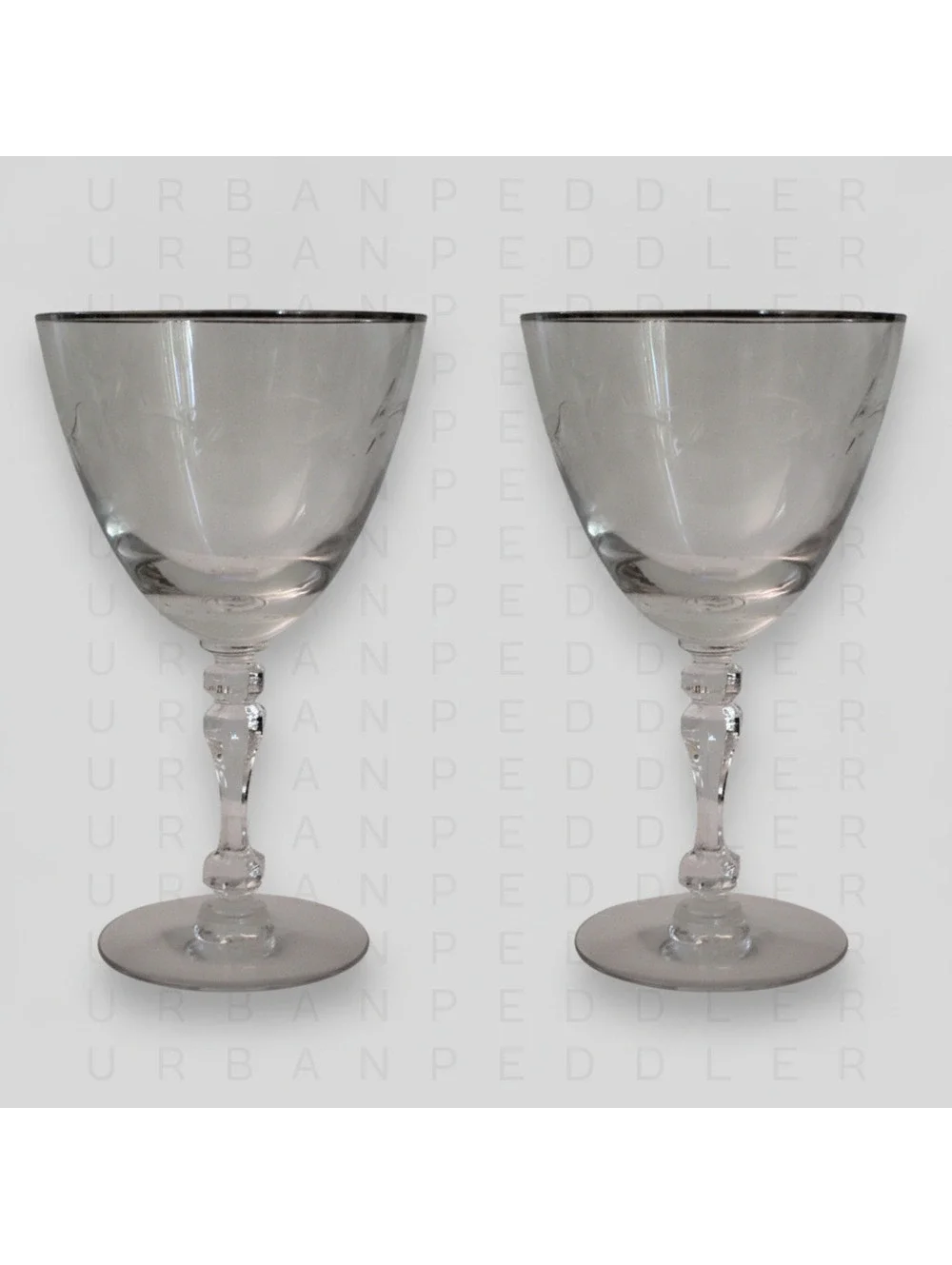 TIFFIN FRANCISCAN Carillon Set 2 Water Glass Goblet*Crystal*Platinum*Vine*VTG